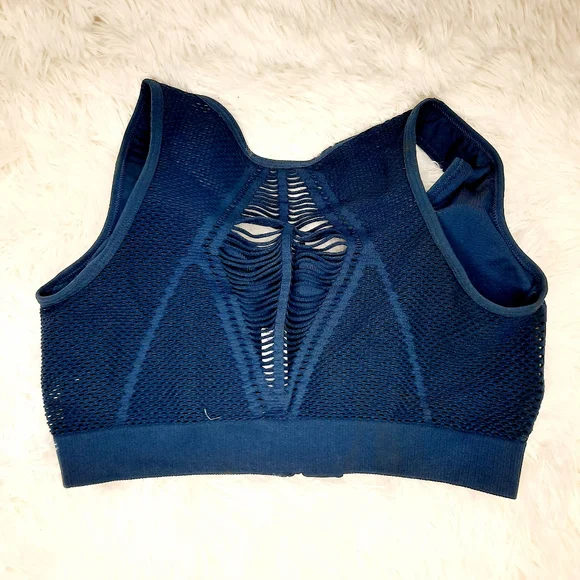 Women's Navy Mesh Padded Zipper Sports Bra - Picture 3 of 5